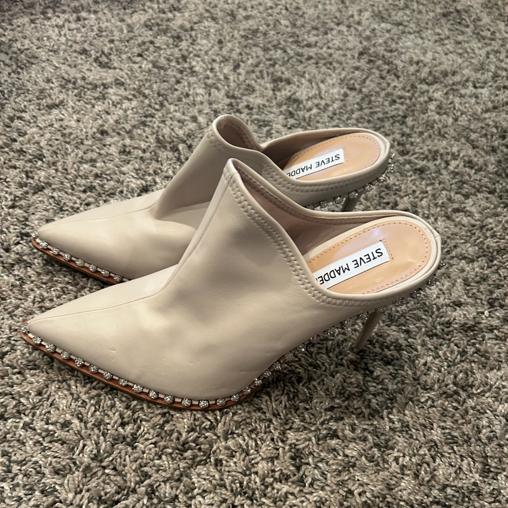 Steve Madden Venom Pointed Toe Cream Mules with Rhinestone accents